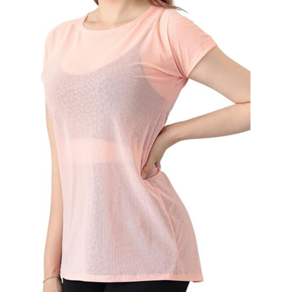 Blusa Deportiva para Mujer Fitness: Manga Corta, Textil Lycra Transpirable con Acabado Texturisado Felina, Color Coral | Adriana Olimpo