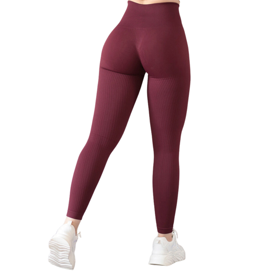 Leggings Deportivos para Mujer Fitness: Efecto Básico, Cintura Alta, Textil Lycra Transpirable Texturizado con Relieves, Color Tinto | Adriana Olimpo