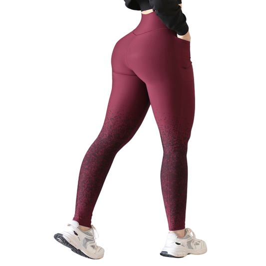 Leggings Deportivos para Mujer Fitness: Efecto Basico, Cintura Alta, Con Bolsillos Laterales, Textil Lycra Transpirable con Acabado Liso Puntitos, Color Vino | Adriana Olimpo