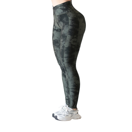 Leggings Deportivos para Mujer Fitness: Efecto Básico, Cintura Alta, Con Bolsillos Laterales, Textil Lycra Transpirable con Acabado Liso Tie Day, Color Verde Militar | Adriana Olimpo