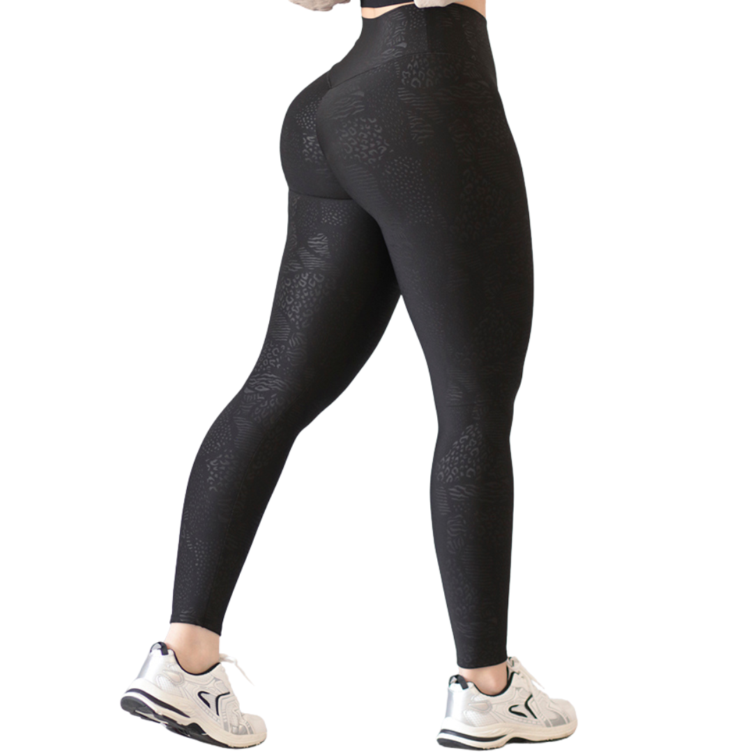 Leggings Deportivos para Mujer Fitness:  Efecto Push Up, Cintura Alta, Textil Lycra Transpirable con Relieves Print´s, Color Negro | Adriana Olimpo