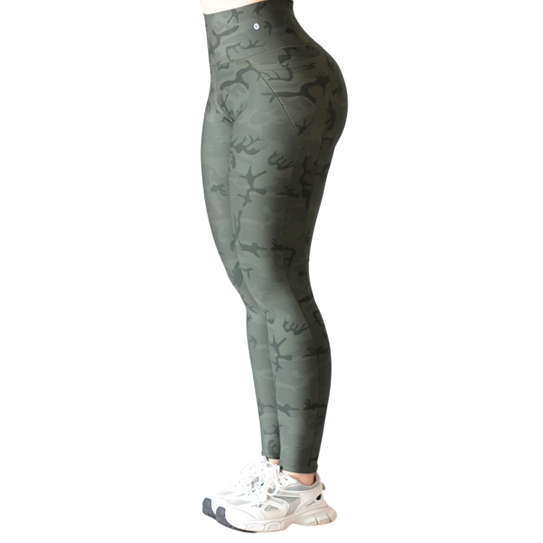 Leggings Deportivos para Mujer Fitness: Efecto Básico, Cintura Alta, Con Bolsillos Laterales, Textil Lycra Transpirable con Acabado Liso Army, Color Olivo | Adriana Olimpo