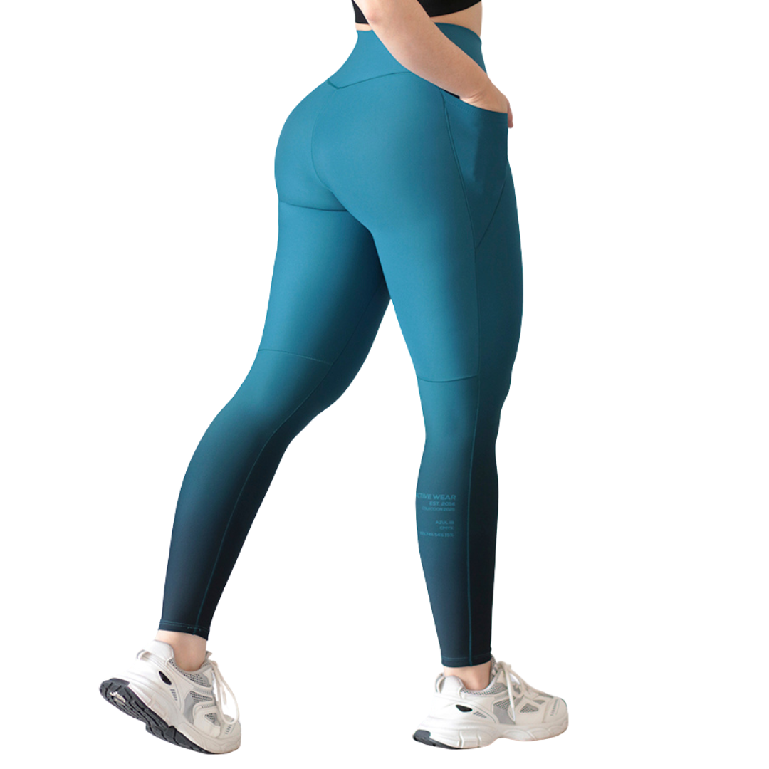 Leggings Deportivos para Mujer Fitness: Efecto Básico, Cintura Alta, Con Bolsillos Laterales, Textil Lycra Transpirable con Acabado Liso Degradado, Color Azul | Adriana Olimpo