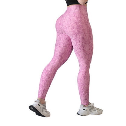 Leggings Deportivos para Mujer Fitness: Efecto Push Up, Cintura Alta, Textil Lycra Transpirable con Acabado Liso Reptil, Color Rosa | Adriana Olimpo