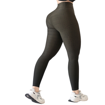 Leggings Deportivos para Mujer Fitness: Efecto Básico, Cintura Alta, Textil Lycra Transpirable con Acabado Liso Snake, Color Verde Musgo | Adriana Olimpo