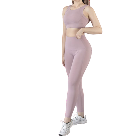 Conjunto Deportivos para Mujer Fitness: Top Con Copas, Efecto Básico, Cintura Alta,  Con Bolsillos Laterales, Textil Lycra Transpirable, Acabado Liso, Color Rosa | Adriana Olimpo