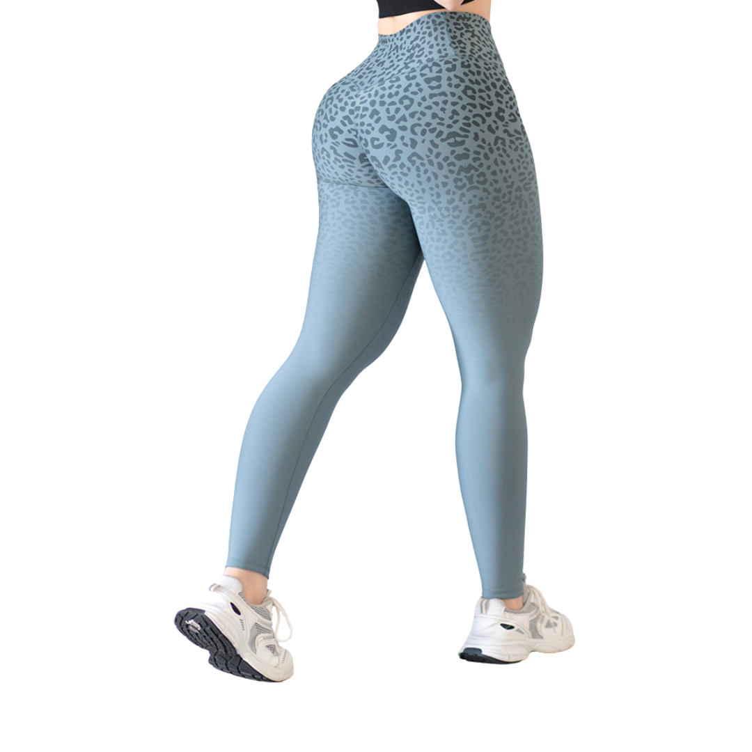 Leggings Deportivos para Mujer Fitness: Efecto Push Up, Cintura Alta, Textil Lycra Transpirable con Acabado Liso Leopardo Degradado, Color Azul | Adriana Olimpo