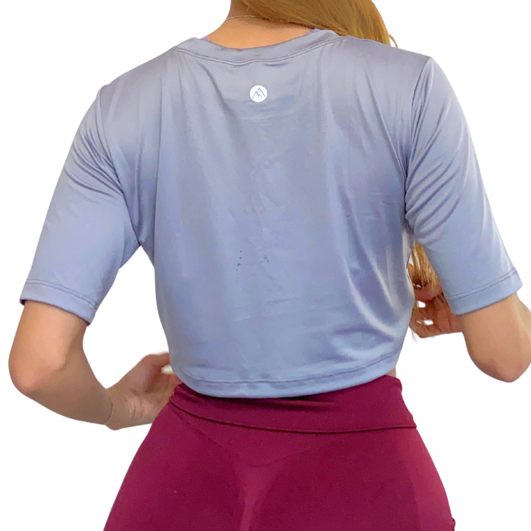 Blusa para Mujer Fitness: Manga Corta, Cuello Redondo, Textil Lycra Transpirable Acabado Liso, Color Grey | Adriana Olimpo