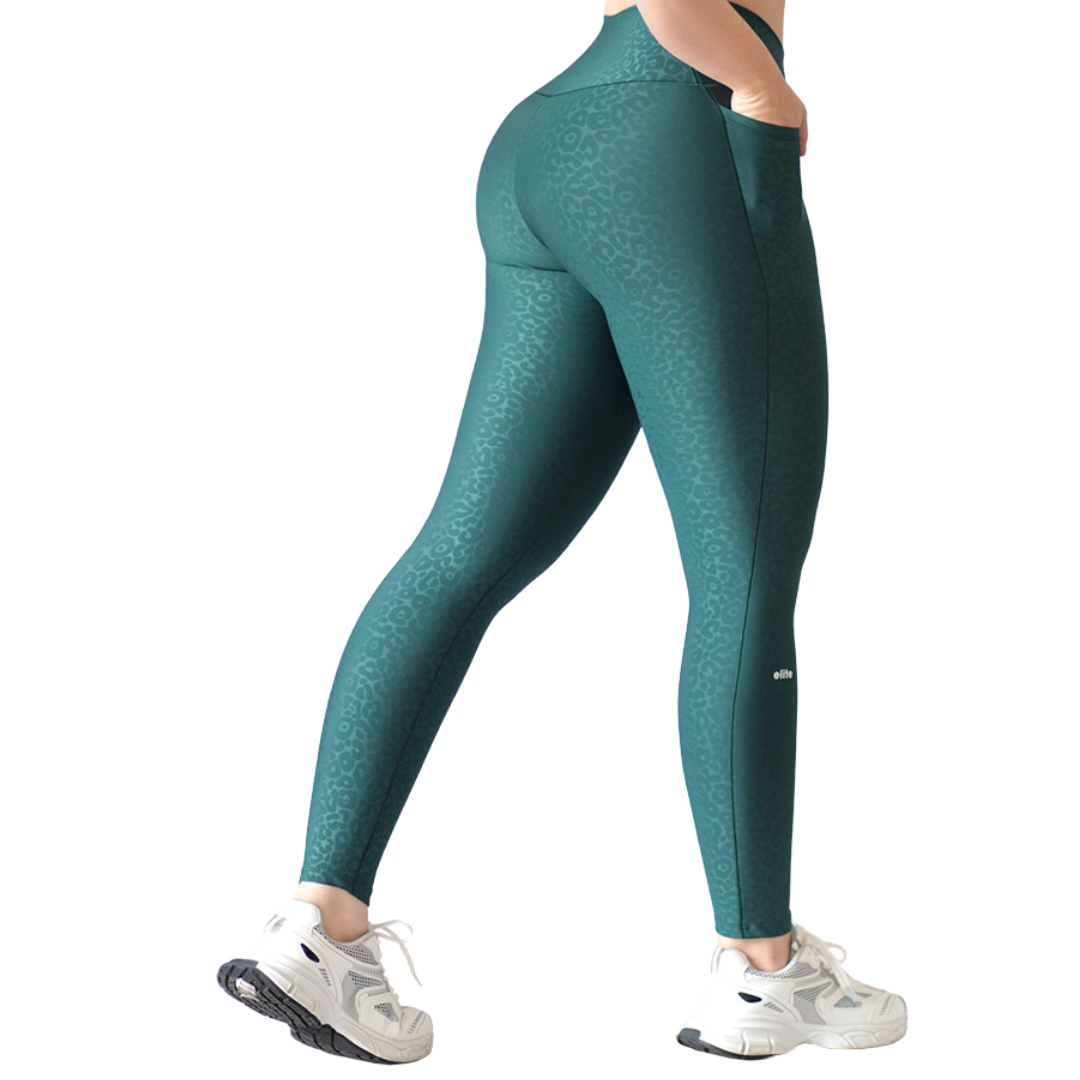 Leggings Deportivos para Mujer Fitness: Efecto Básico, Cintura Alta, Con Bolsillos Laterales, Textil Lycra Transpirable con Relieve de Print, Color Verde | Adriana Olimpo