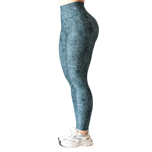 Leggings Deportivos para Mujer Fitness Efecto Básico, Cintura Alta, Con Bolsillos Laterales, Textil Lycra Transpirable con Acabado Liso Snake, Color Azul Oceano | Adriana Olimpo