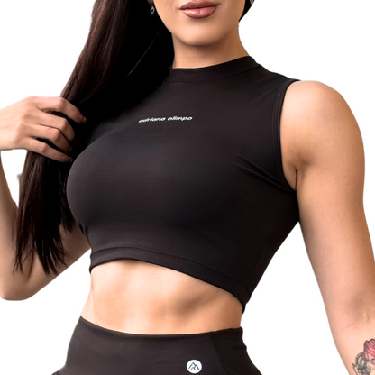 Blusa para Mujer Fitness: Sin Manga, Cuello Redondo, Textil Lycra Transpirable Acabado Liso, Negra | Adriana Olimpo