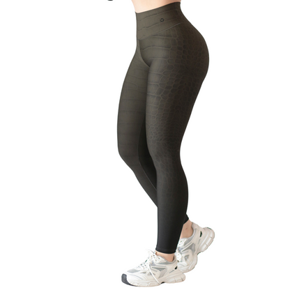 Leggings Deportivos para Mujer Fitness: Efecto Básico, Cintura Alta, Textil Lycra Transpirable con Acabado Liso Snake, Color Verde Musgo | Adriana Olimpo