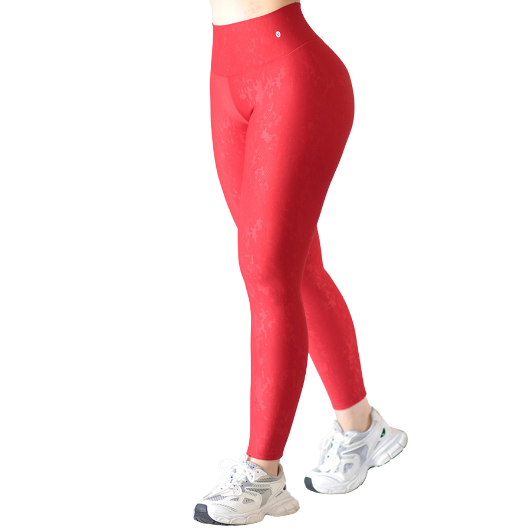 Leggings Deportivos para Mujer Fitness: Efecto Push Up, Cintura Alta, Textil Lycra Transpirable Texturizado con Relieves Pixel, Color Rojo Paleta | Adriana Olimpo