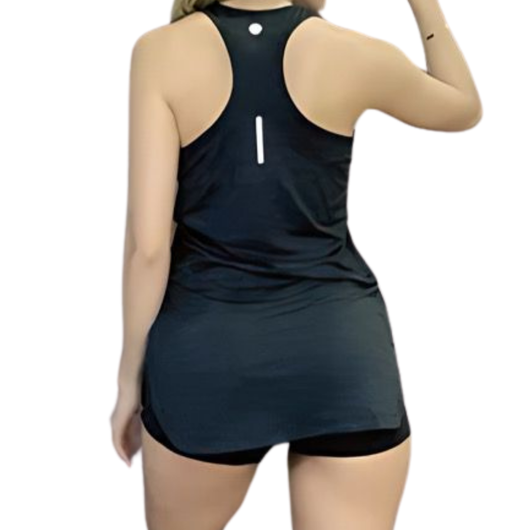 Tank Top para Mujer Fitness: Corte Suelto, Sin Mangas, Cuello Redondo, Textil Llycra Suave Acabado Liso,  Color Negro Jaspe | Adriana Olimpo