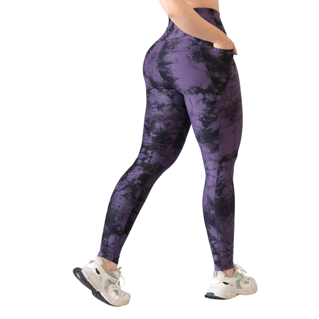 Leggings Deportivos para Mujer Fitness: Efecto Básico, Cintura Alta, Con Bolsillos Laterales, Textil Lycra Transpirable con Acabado Liso Tie Day, Color Lila | Adriana Olimpo