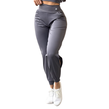 Pans Deportivos para Mujer Fitness: Efecto Básico, Cintura Alta, Con Bolsillos Laterales, Textil Lycra Transpirable con Acabado Liso, Color Gris | Adriana Olimpo