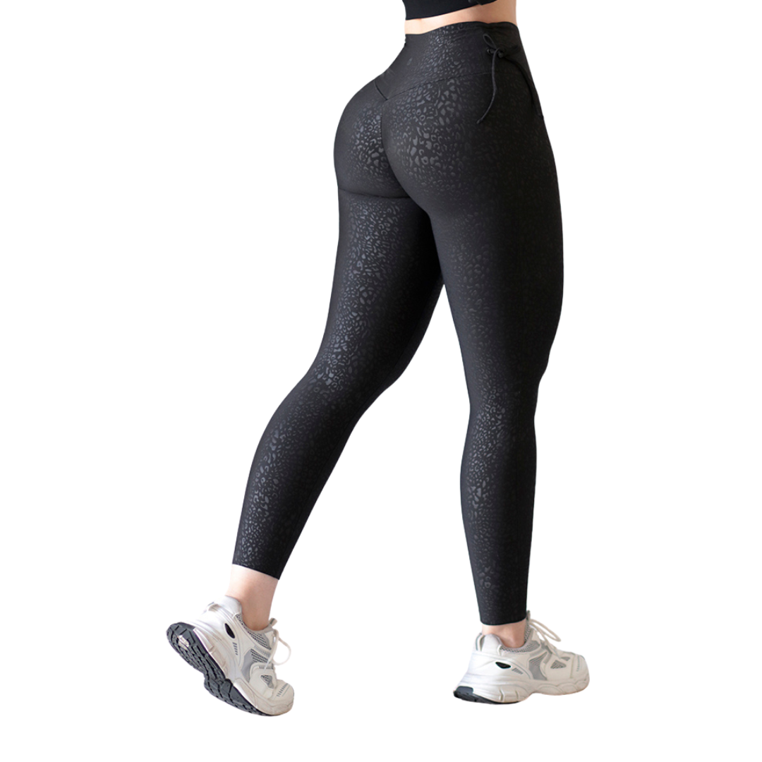 Leggings Deportivos para Mujer Fitness:  Efecto Push Up, Cintura Alta, Textil Lycra Transpirable con Relieves Mini Print, Color Negro | Adriana Olimpo