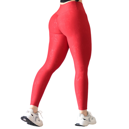 Leggings Deportivos para Mujer Fitness: Efecto Push Up, Cintura Alta, Textil Lycra Transpirable Texturizado con Relieves Pixel, Color Rojo Paleta | Adriana Olimpo