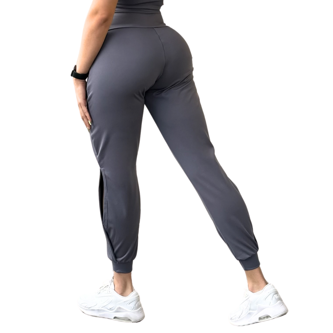 Pans Deportivos para Mujer Fitness: Efecto Básico, Cintura Alta, Con Bolsillos Laterales, Textil Lycra Transpirable con Acabado Liso, Color Gris | Adriana Olimpo