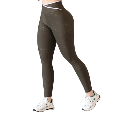 Leggings Deportivos para Mujer Fitness:  Efecto Básico, Cintura Alta, Textil Lycra Transpirable con Relieves de Rayos, Color Verde Army | Adriana Olimpo