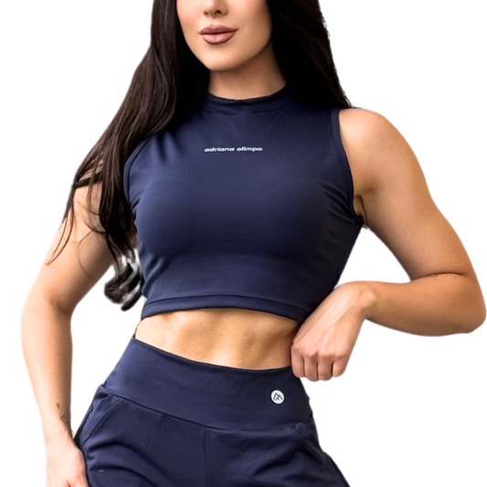 Blusa para Mujer Fitness: Sin Manga, Cuello Redondo, Textil Lycra Transpirable Acabado Liso, Color Azul Marino | Adriana Olimpo