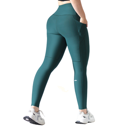 Leggings Deportivos para Mujer Fitness: Efecto Básico, Cintura Alta, Con Bolsillos Laterales, Textil Lycra Transpirable con Acabado Liso, Color Verde Peota | Adriana Olimpo