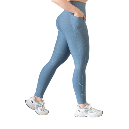 Leggings Deportivos para Mujer Fitness: Efecto Básico, Cintura Alta, Con Bolsillos Laterales, Textil Lycra Transpirable con Relieves Print, Color Azul| Adriana Olimpo