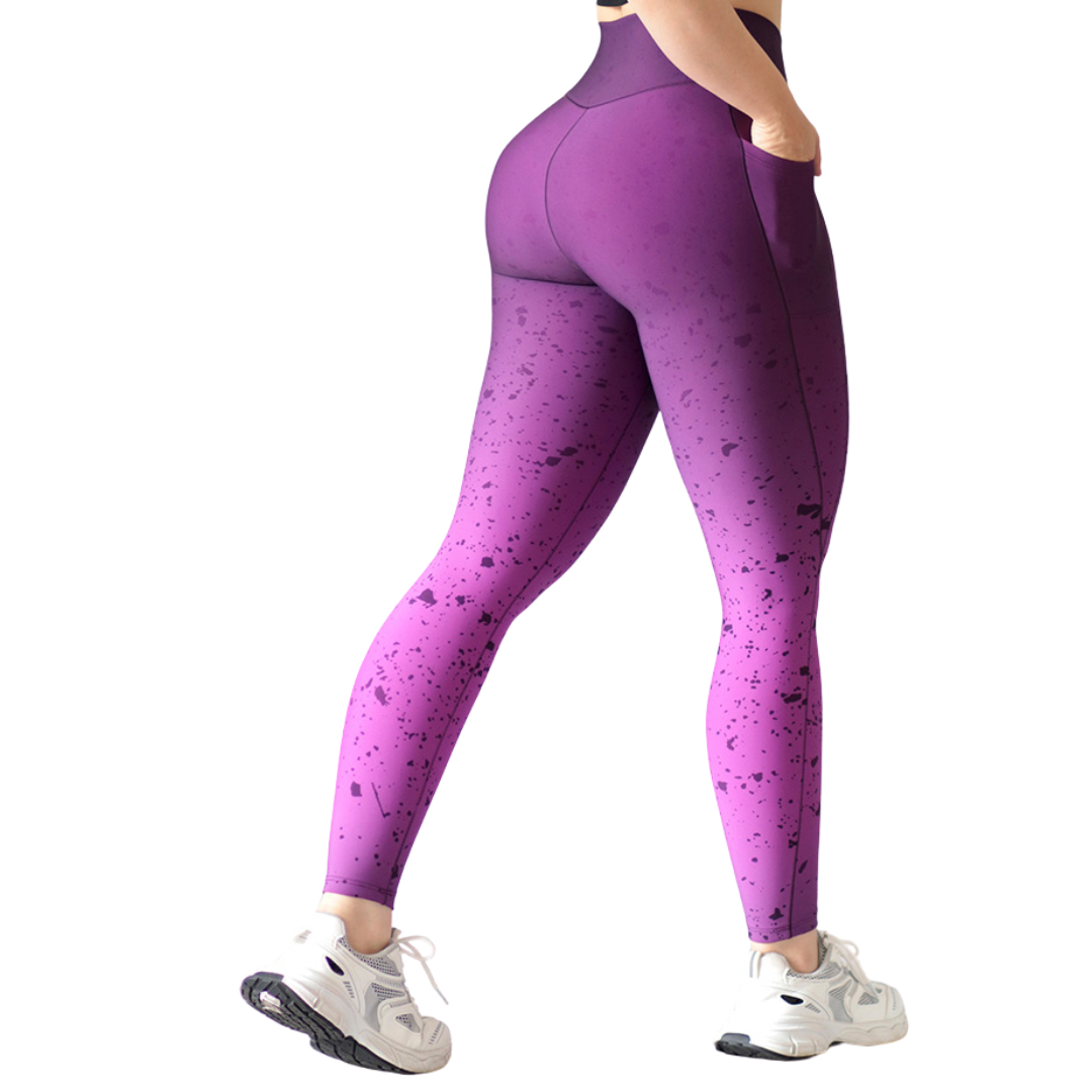 Leggings Deportivos para Mujer Fitness: Efecto Básico, Cintura Alta, Con Bolsillos Laterales, Textil Lycra Transpirable con Acabado Liso Degradado, Color Morado | Adriana Olimpo