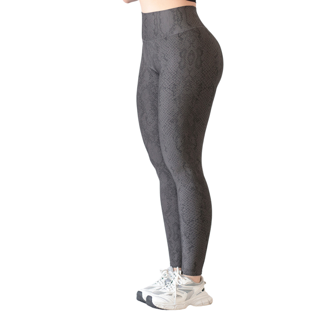 Leggings Deportivos para Mujer Fitness: Efecto Push Up, Cintura Alta, Textil Lycra Transpirable con Acabado Liso Reptil, Color Gris | Adriana Olimpo