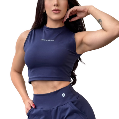 Blusa para Mujer Fitness: Sin Manga, Cuello Redondo, Textil Lycra Transpirable Acabado Liso, Color Azul Marino | Adriana Olimpo