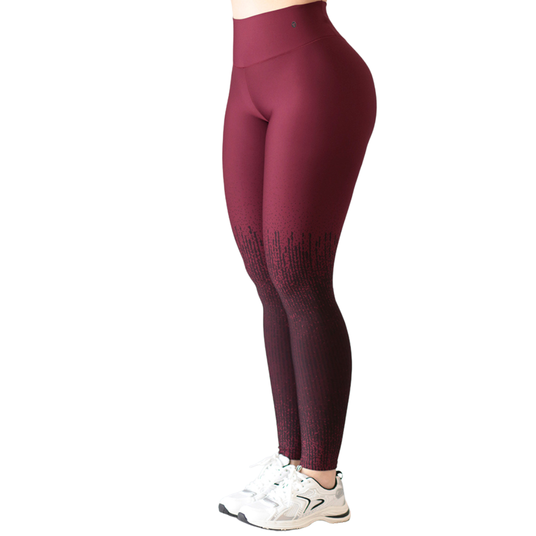 Leggings Deportivos para Mujer Fitness: Efecto Push Up, Cintura Alta, Textil Lycra Transpirable con Acabado Liso Degradado Puntitos, Color Tinto-Negro | Adriana Olimpo