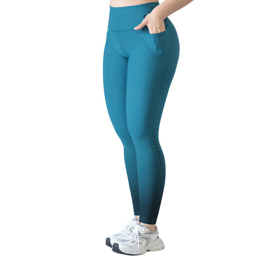 Leggings Deportivos para Mujer Fitness: Efecto Básico, Cintura Alta, Con Bolsillos Laterales, Textil Lycra Transpirable con Acabado Liso Degradado, Color Azul Océano | Adriana Olimpo