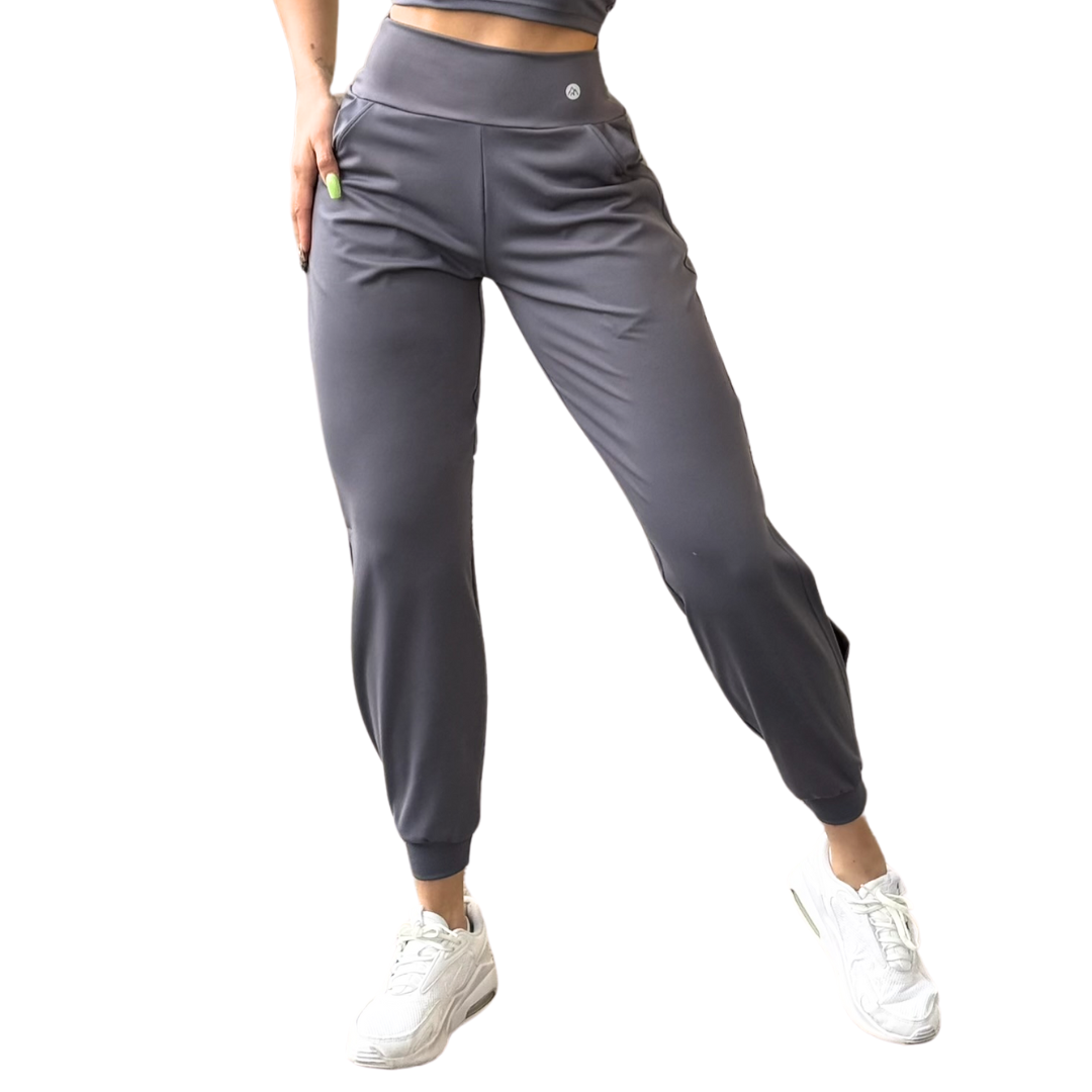 Pans Deportivos para Mujer Fitness: Efecto Básico, Cintura Alta, Con Bolsillos Laterales, Textil Lycra Transpirable con Acabado Liso, Color Gris | Adriana Olimpo