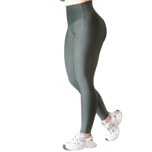 Leggings Deportivos para Mujer Fitness: Efecto Básico, Cintura Alta, Con Bolsillos Laterales, Textil Lycra Transpirable con Acabado Liso Puntitos, Color Verde Alga| Adriana Olimpo