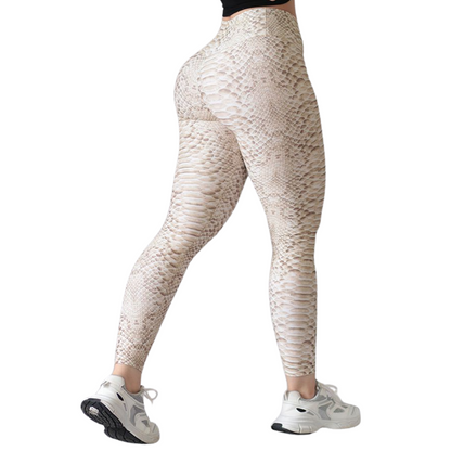 Leggings Deportivos para Mujer Fitness: Efecto Push Up, Cintura Alta, Textil Lycra Transpirable con Acabado Liso Snake, Color Beige  | Adriana Olimpo