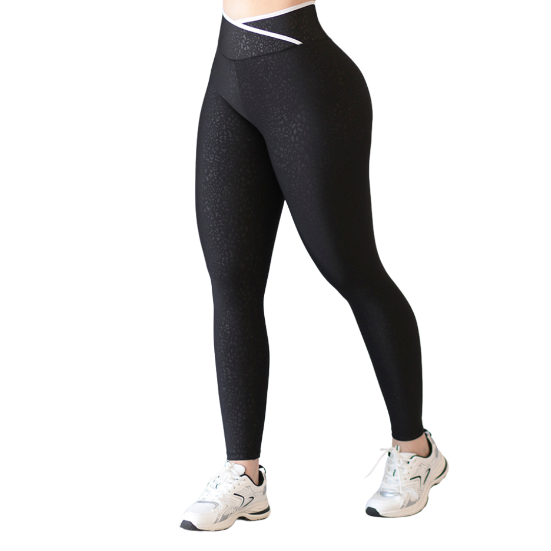 Leggings Deportivos para Mujer Fitness:  Efecto Básico, Cintura Alta, Textil Lycra Transpirable con Relieves de Print, Color Negro | Adriana Olimpo