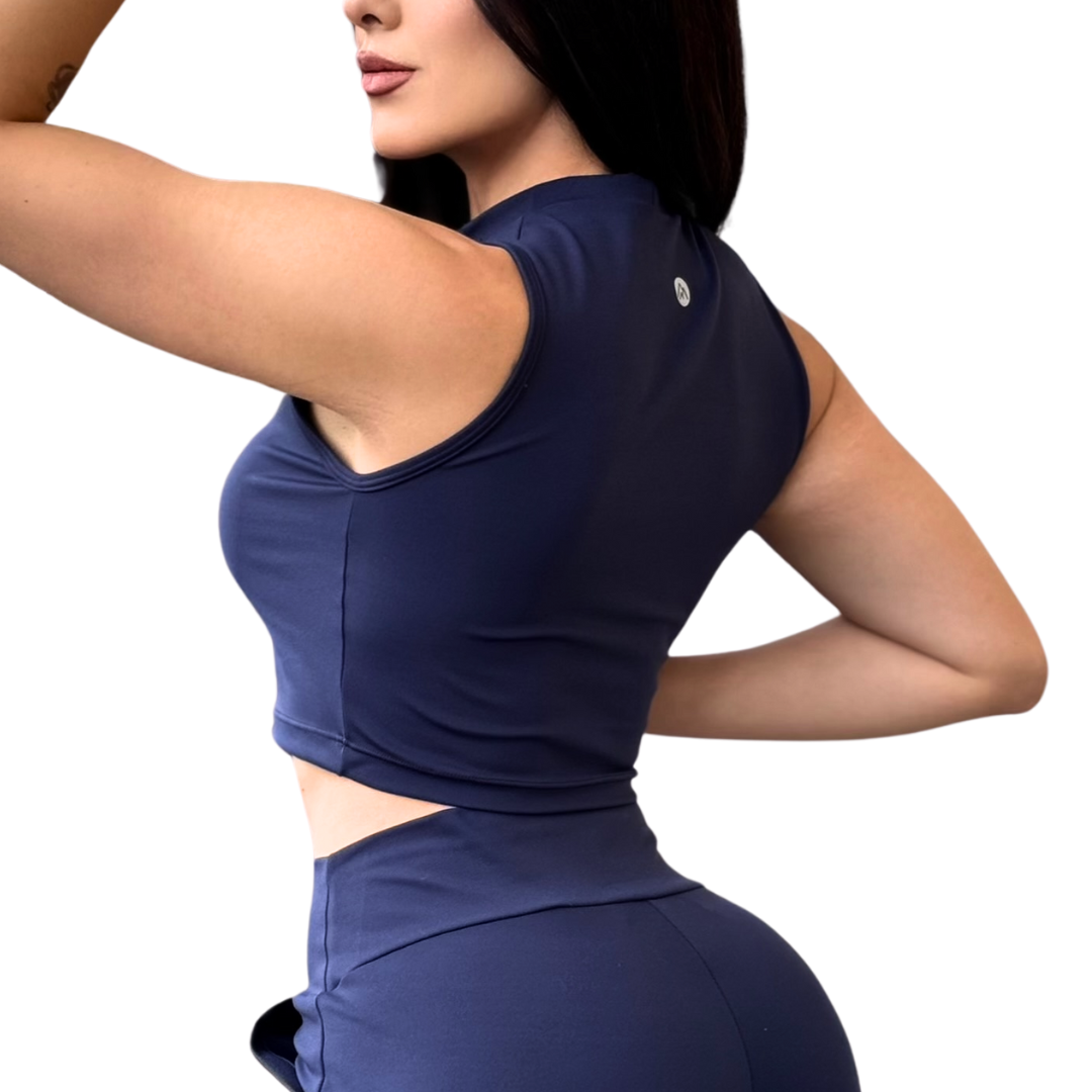 Blusa para Mujer Fitness: Sin Manga, Cuello Redondo, Textil Lycra Transpirable Acabado Liso, Color Azul Marino | Adriana Olimpo