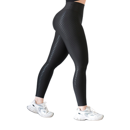 Leggings Deportivos para Mujer Fitness:  Efecto Básico, Cintura Alta, Textil Lycra Transpirable con Destellos Reflectantes✨ y Relieves de Sirena, Color Negro | Adriana Olimpo