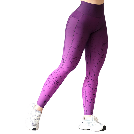 Leggings Deportivos para Mujer Fitness: Efecto Básico, Cintura Alta, Con Bolsillos Laterales, Textil Lycra Transpirable con Acabado Liso Degradado, Color Morado | Adriana Olimpo