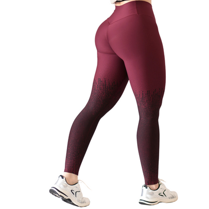 Leggings Deportivos para Mujer Fitness: Efecto Push Up, Cintura Alta, Textil Lycra Transpirable con Acabado Liso Degradado Puntitos, Color Tinto-Negro | Adriana Olimpo