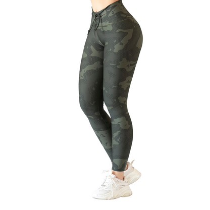 Leggings Deportivos para Mujer Fitness: Efecto Push Up, Cintura Alta, Textil Lycra Transpirable con Acabado Liso, Color Verde Camu | Adriana Olimpo