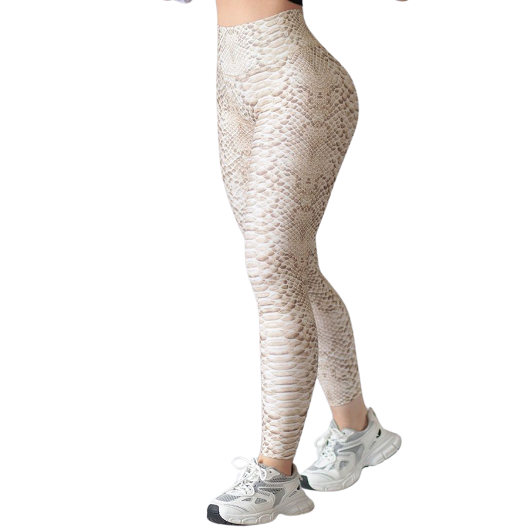 Leggings Deportivos para Mujer Fitness: Efecto Push Up, Cintura Alta, Textil Lycra Transpirable con Acabado Liso Snake, Color Beige  | Adriana Olimpo