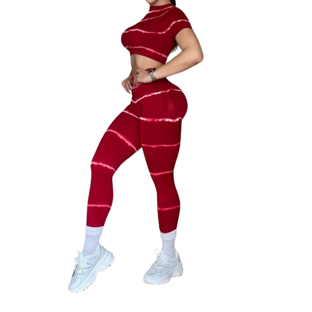 Conjunto Deportivo para Mujer Fitness: Top Manga Corta, Efecto Push Up, Textil Tejido, Transpirable con Relieve de Lineas, Color Rojo| Adriana Olimpo