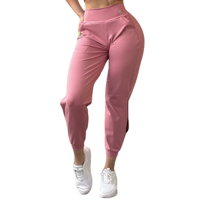 Pans Deportivos para Mujer Fitness: Efecto Básico, Cintura Alta, Con Bolsillos Laterales, Textil Lycra Transpirable con Acabado Liso, Color Palo de Rosa | Adriana Olimpo