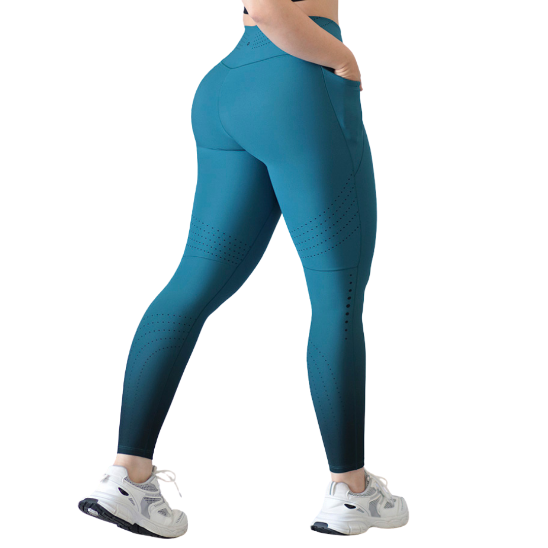 Leggings Deportivos para Mujer Fitness: Efecto Básico, Cintura Alta, Con Bolsillos Laterales, Textil Lycra Transpirable con Acabado Liso Degradado, Color Azul Océano | Adriana Olimpo