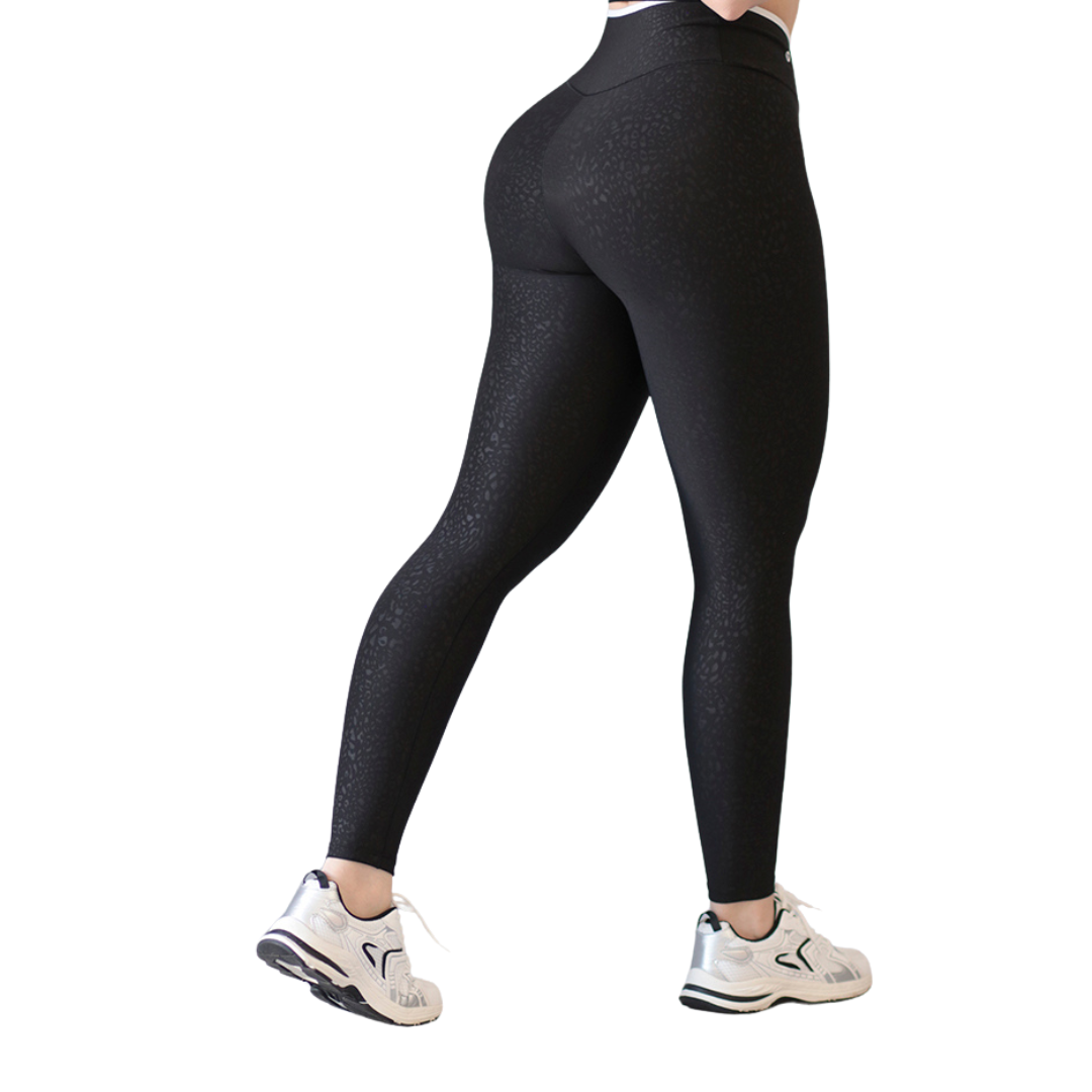 Leggings Deportivos para Mujer Fitness:  Efecto Básico, Cintura Alta, Textil Lycra Transpirable con Relieves de Print, Color Negro | Adriana Olimpo