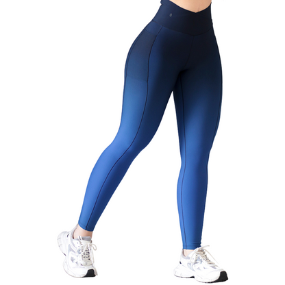 Leggings Deportivos para Mujer Fitness: Efecto Básico, Cintura Alta, Con Bolsillos Laterales, Textil Lycra Transpirable con Acabado Liso, Color Azul Degradado | Adriana Olimpo