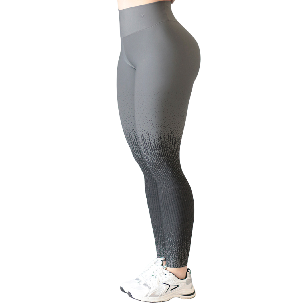 Leggings Deportivos para Mujer Fitness: Efecto Push Up, Cintura Alta, Textil Lycra Transpirable con Acabado Liso Degradado Puntitos, Color Gris-Negro | Adriana Olimpo