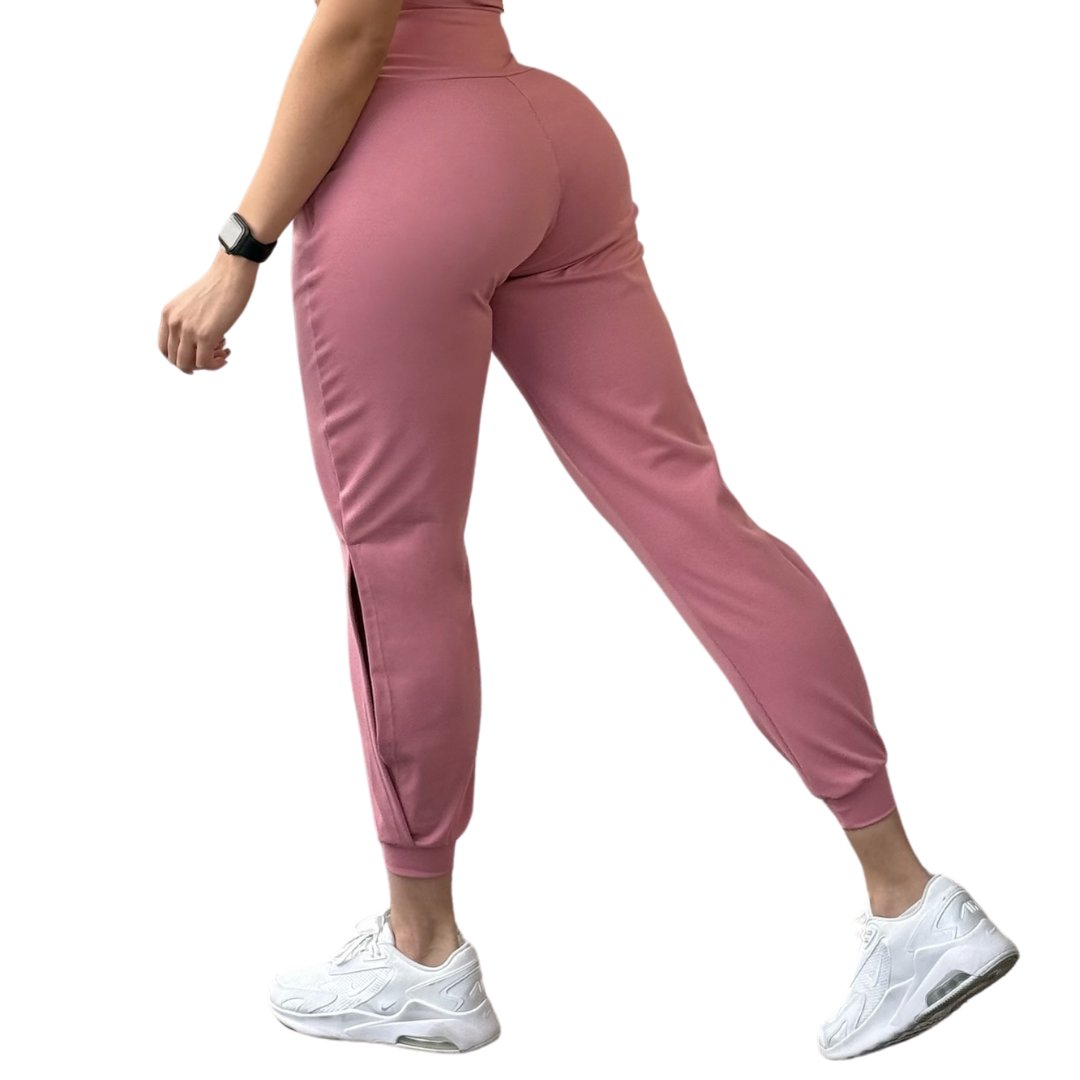 Pans Deportivos para Mujer Fitness: Efecto Básico, Cintura Alta, Con Bolsillos Laterales, Textil Lycra Transpirable con Acabado Liso, Color Palo de Rosa | Adriana Olimpo