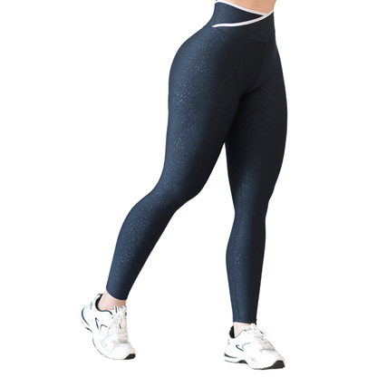 Leggings Deportivos para Mujer Fitness:  Efecto Básico, Cintura Alta, Textil Lycra Transpirable con Relieves de Print, Color Azul Marino | Adriana Olimpo